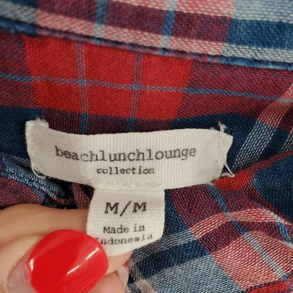 BeachLunchLounge Womens Plaid Half Button Long Sleeve Shirt Sz M 100% Cotton - Picture 5 of 9